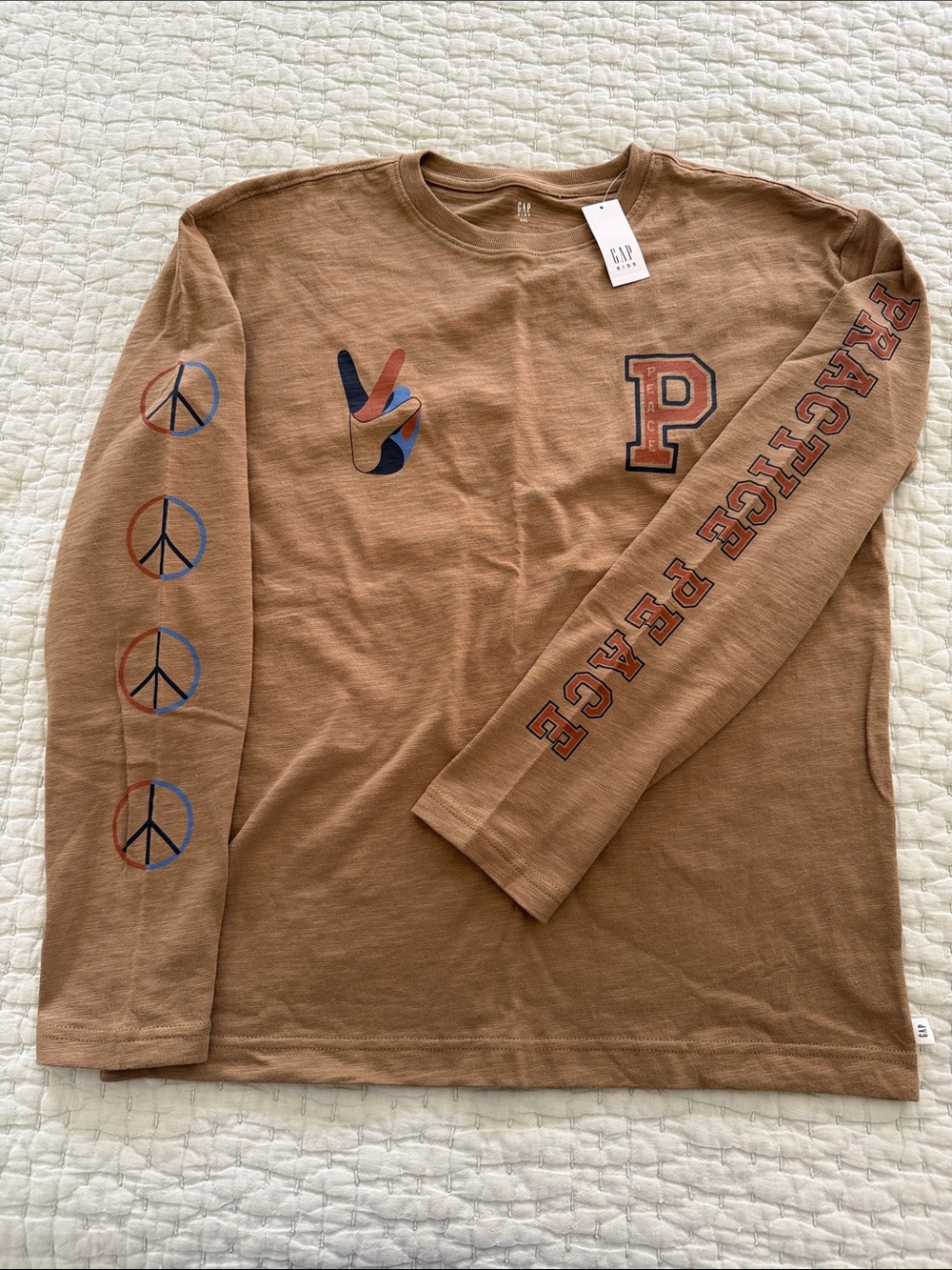 GAP Brown Long-Sleeve Graphic Tee with Peace Icons